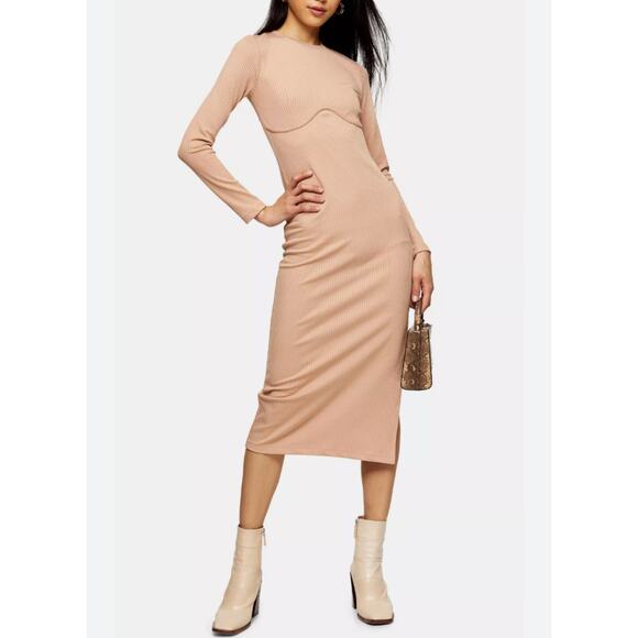 TOPSHOP RIBBED MIDI DRESS WOMEN'S SIZE US 8 CORSET TAN SLIT LONG SLEEVE NWT - Picture 1 of 13